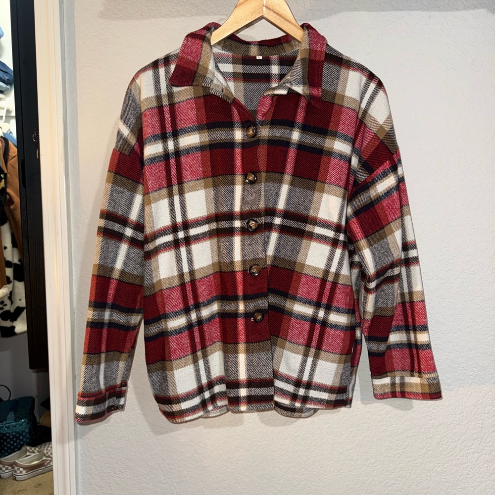 Amazon Women's Plaid Button Down Shirt - Red, Brown, White